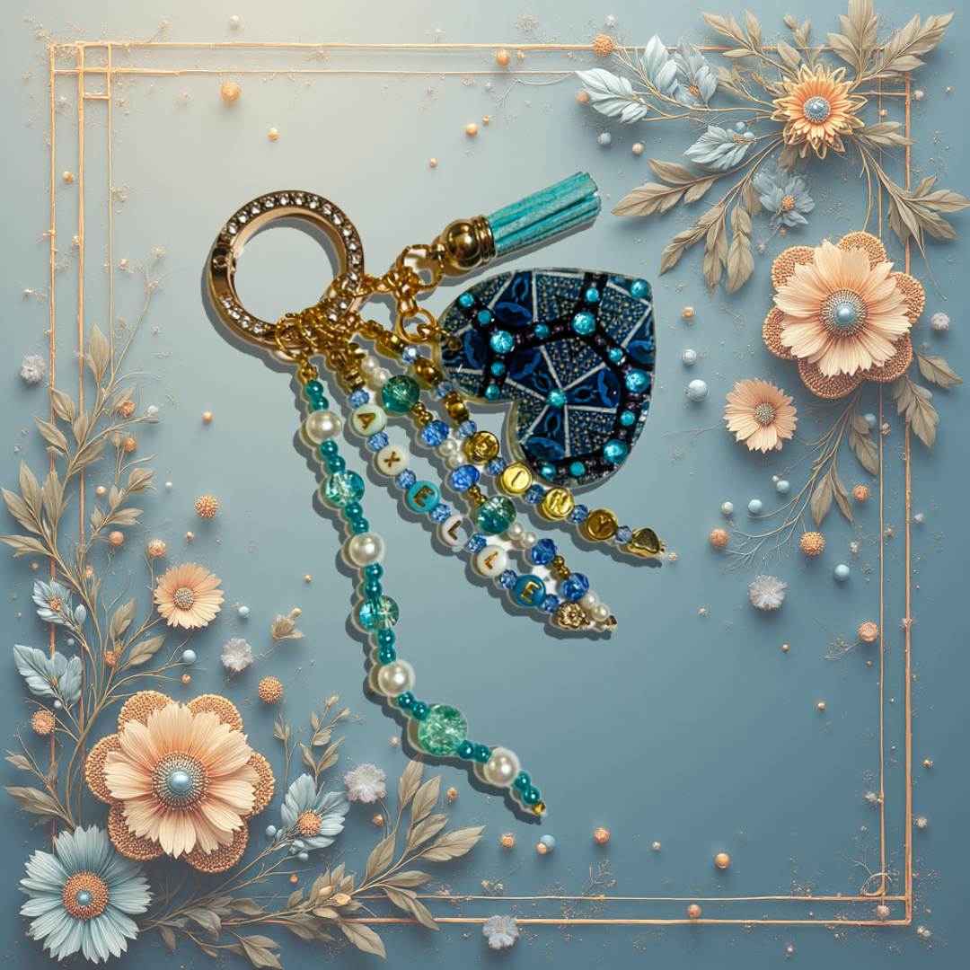 alt="Bijou de sac Vision O'Shiny Art & Lifestyle, motif sublimé œuvre originale, perles et strass posés à la main, série limitée numérotée" version attache strassé doré