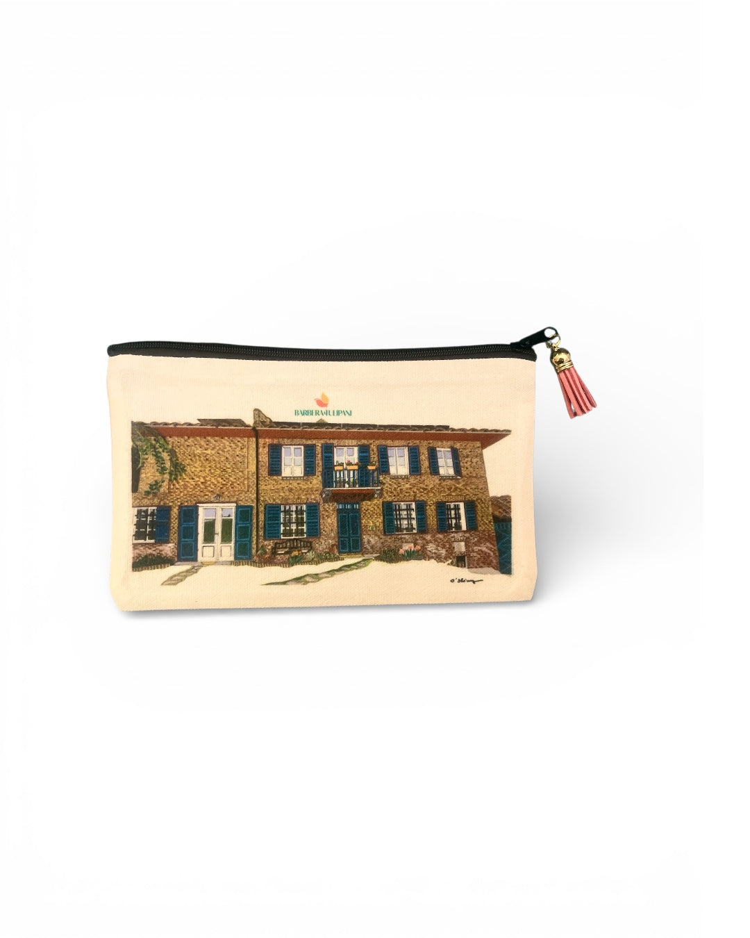 alt="Pochette maquillage beige en polyester sublimé motif Barbera & Tulipani, 21x12 cm, création O'Shiny Art & Lifestyle"