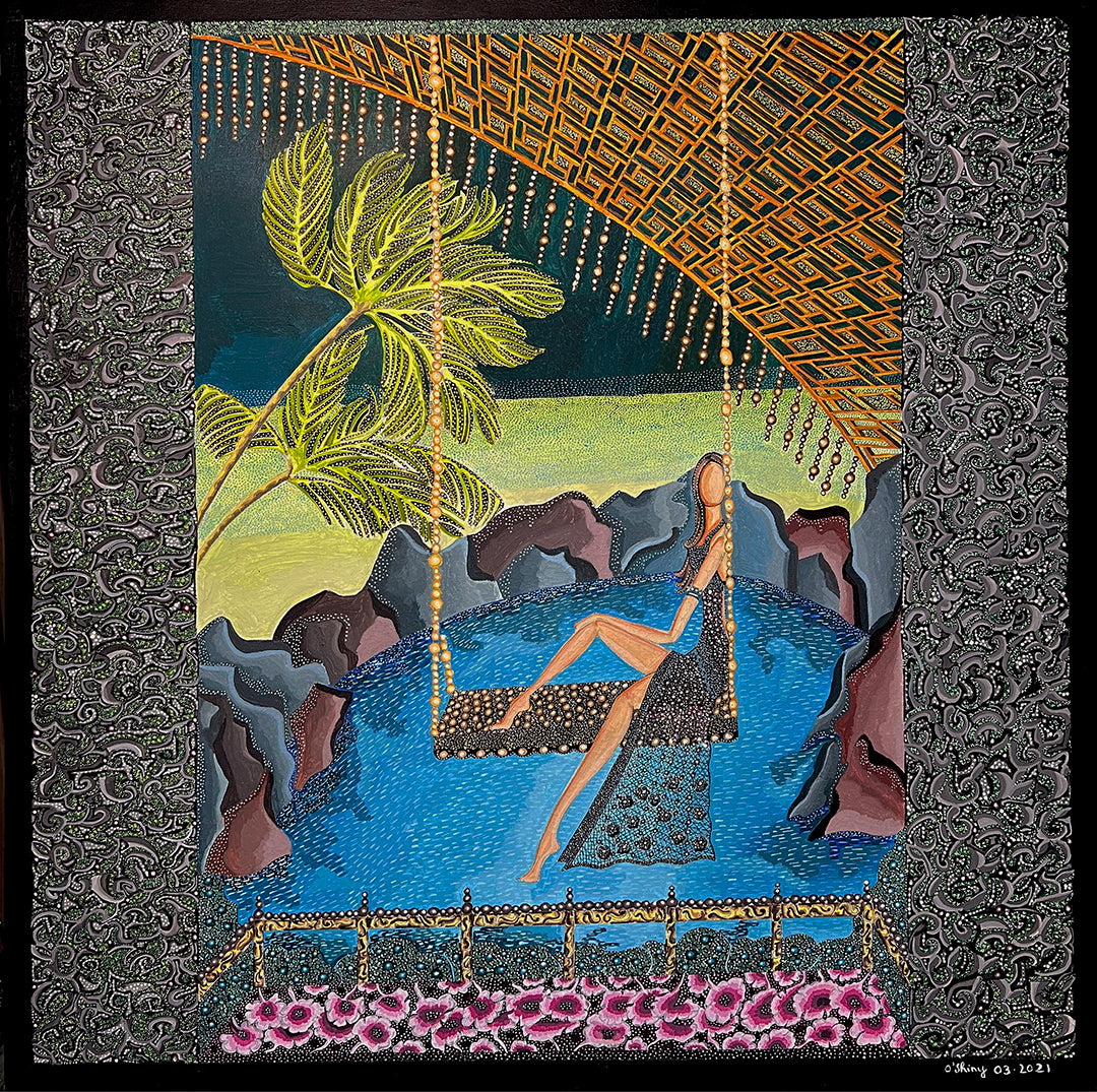 Detente dans la nuit perlée format 3D 80x80cm gouache et acrylique par O'shiny artiste peintre
