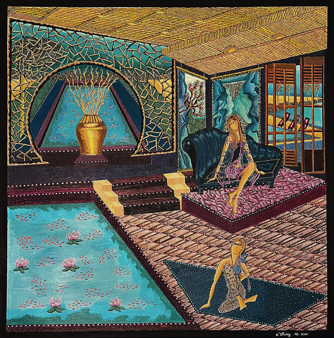 Embellie sur un horizon doré format 80x80 cm gouache et acrylique par o'shiny Artiste peintre